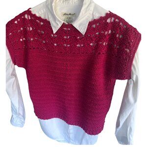 Handmade Knit Fuchsia  Pink Short Sleeve Holiday Cropped Sweater Christmas Small